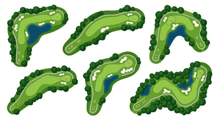 Obraz premium Vector illustration set of top view golf course holes with green grass, sand bunkers, and water hazards