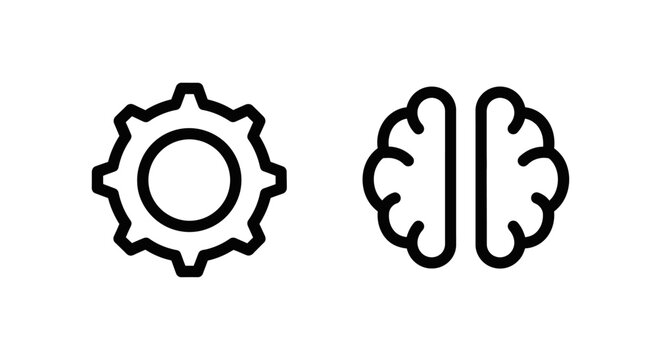 Graphic icons representing an interpretation void mark and a conceptual brain thought divide symbol with interpretation reasoning analysis intelligence mechanism structure minimalist