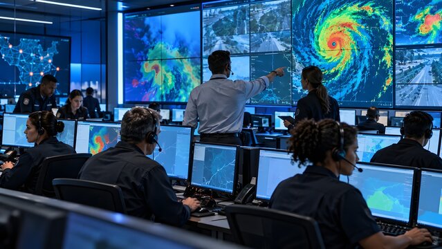 Meteorologists Monitoring Hurricane on Large Satellite Screens in Weather Forecast Control Room, Team Tracking Tropical Storm at Emergency Operations Center