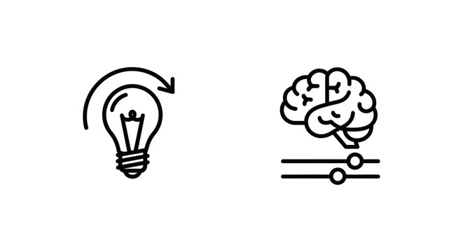 Abstract icons depicting a lightbulb idea switch and a human brain with sliding scales lightbulb thinking intelligence cognitive innovation creativity adjustment minimalist abstract