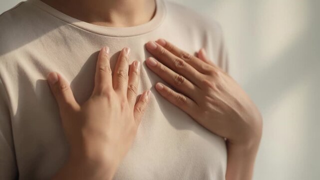 Woman's hands gently placed over heart in soft sunlight with copy space for wellness concepts