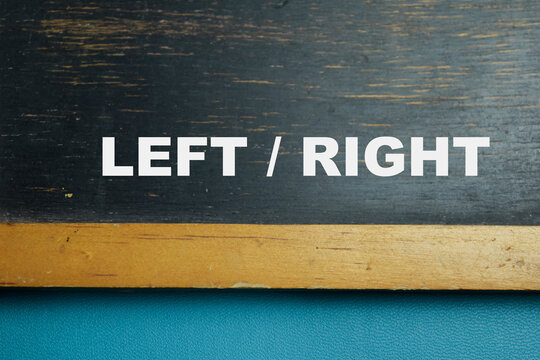Chalkboard with phrase left and right on wooden desk. For decisions, alternatives and navigation