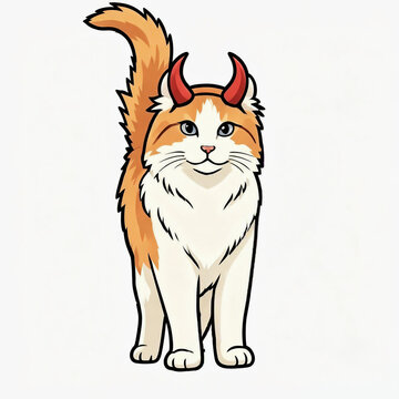 Cute orange and white cat wearing red devil horns vector illustration on white background.