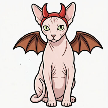 Hairless Sphynx cat with devil horns and wings halloween vector isolated on white background.
