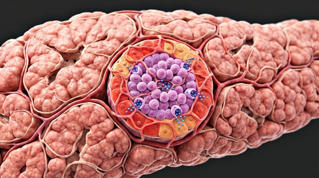 Detailed biomedical visualization showing pancreatic beta cells producing and releasing insulin, representing glucose regulation and endocrine function.