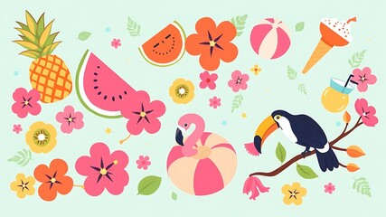 Obraz premium A collection of summer vacation featuring a toucan on a branch, watermelon slices, a pineapple, a flamingo float, and tropical flowers