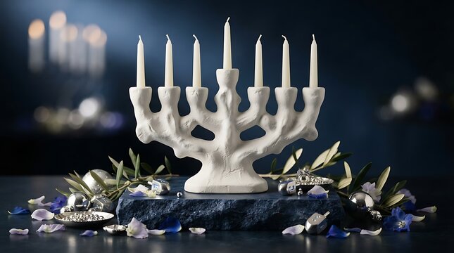 White Hanukkah menorah with lit candles on a stone base with copy space