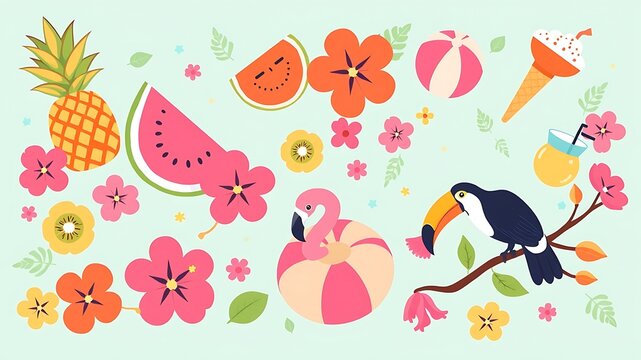 A collection of summer vacation featuring a toucan on a branch, watermelon slices, a pineapple, a flamingo float, and tropical flowers