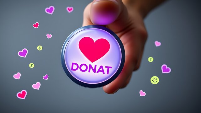 A human hand holding a glowing purple circular button with a red heart and the word donate written on it against a dark background