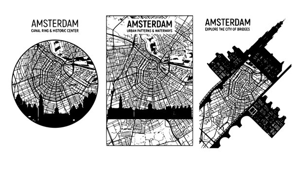 Detailed Amsterdam Urban Map Travel Posters with Historic Skyline Vector Collection