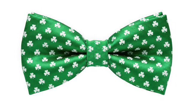 Green bow tie with white shamrock clover pattern isolated on transparent background