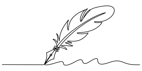 A single continuous line drawing of a vintage feather quill pen writing a wavy line representing creativity and classic literature isolated on transparent background, Vector © Vector Line King