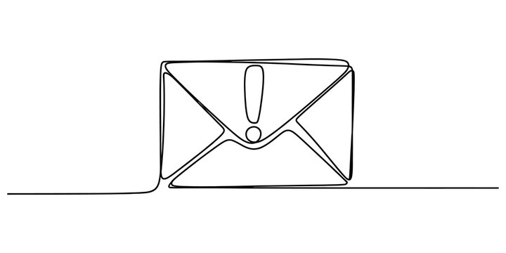 Continuous single line drawing of an envelope icon with an exclamation mark representing an important message or urgent email notification isolated on transparent background, Vector