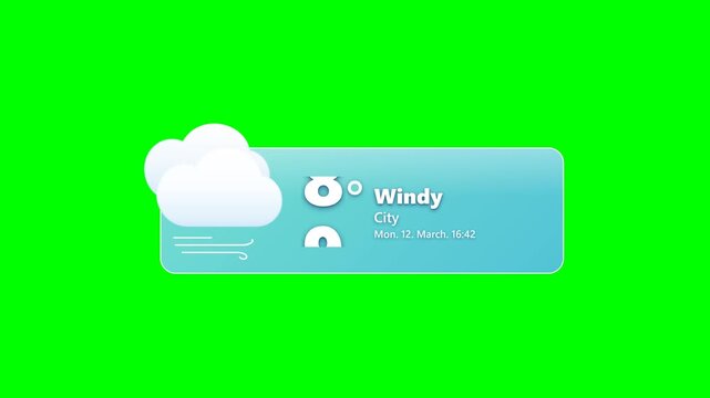 Windy Weather Forecast Widget Animation with Cloud and Wind Icon on Green Screen Background