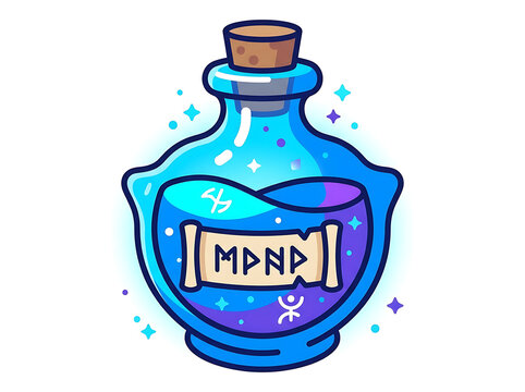 Glowing blue magic mana potion bottle isolated on transparent background