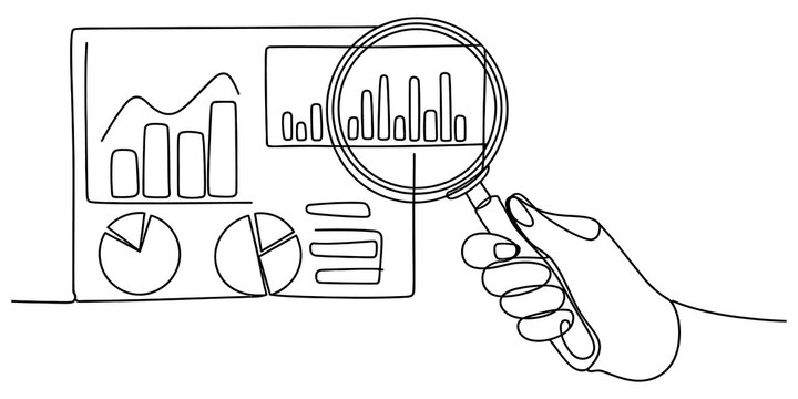 A hand holding a magnifying glass to look at business charts and financial graphs in a simple continuous line drawing vector illustration isolated on transparent background, Vector