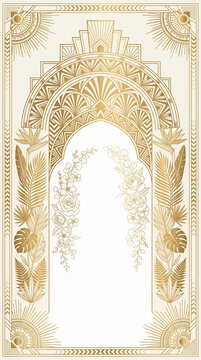 Art Deco Luxury Wedding Invitation Illustration, Gold Geometric Ornament Frame with Floral Motifs, Archway, and Elegant Symmetrical Design for Premium Event Stationery