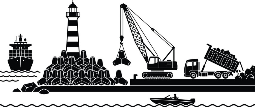 Industrial Sea Port Breakwater Construction Scene with Crawler Crane Placing Tetrapods Lighthouse Cargo Ship and Dump Truck Vector Graphic Silhouette Icon
