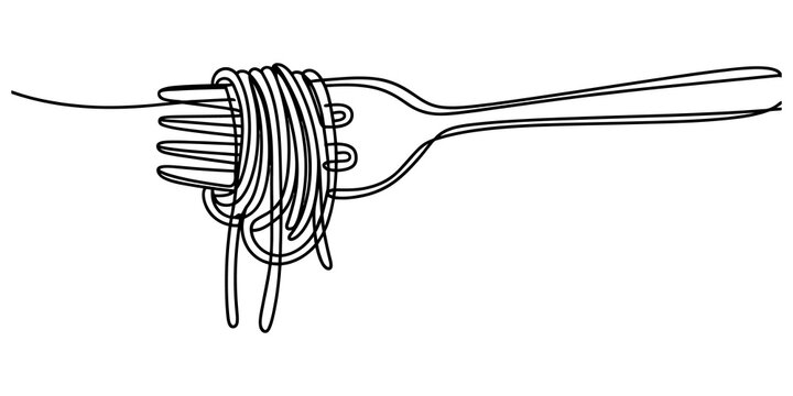 Simple line art drawing of spaghetti pasta wrapped around a metal fork for a creative food concept illustration on a clean surface isolated on transparent background, Vector
