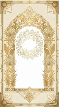 Art Deco Luxury Wedding Invitation Illustration, Gold Geometric Ornament Frame with Floral Motifs, Archway, and Elegant Symmetrical Design for Premium Event Stationery