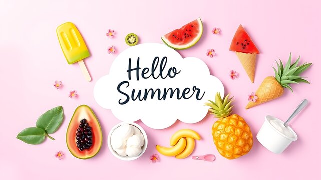 Summer flatlay featuring fresh tropical fruits, ice cream, and a central cloud-shaped sign with the text hello summer on a soft pink background