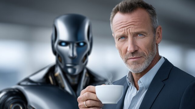 Man enjoys coffee while interacting with a robot in a contemporary environment that highlights technology and humanity