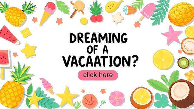 Summer vacation advertisement background, with text dreaming, of a vacation, and a pink, click here button, surrounded by tropical, fruits and