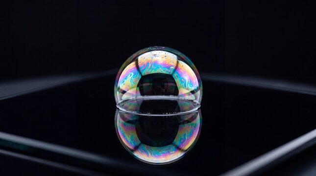 A shimmering soap bubble dome displays a delicate iridescent surface while reflecting vibrant spectrum colors upon a reflective surface showing a perfect circular symmetry in deep dark