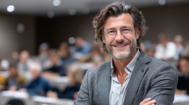 Professional man smiles at a classroom while students engage in learning activities
