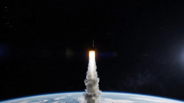 Massive Rocket Launching into Space with Fiery Exhaust.