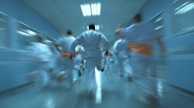 Agitated doctor and nurses running through modern hospital corridor, back view, dynamic poses