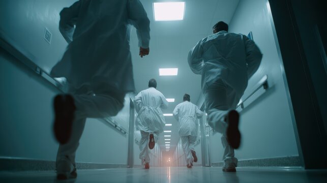 Agitated doctor and nurses running through modern hospital corridor, back view, dynamic poses