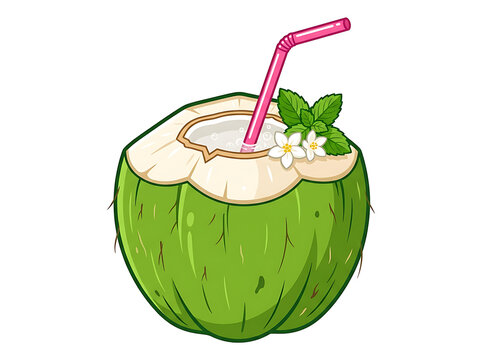 Fresh green coconut drink with pink straw and mint isolated on transparent
