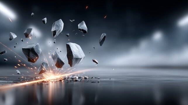 Rocks explode and create sparks in a powerful display, set against a dark background with focused lighting