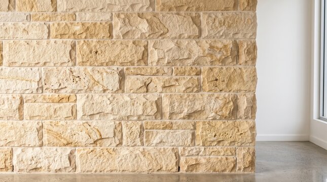 Close-up texture of a natural stacked stone wall featuring rough beige and light brown rectangular blocks with visible mortar joints, serving as an architectural background