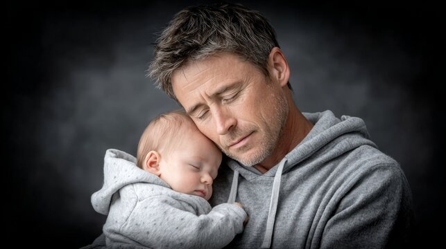 Father holds sleeping baby close in gentle embrace indoors at home during quiet moment