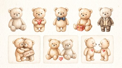 Obraz premium Watercolor teddy bears celebrating love and friendship with gifts and heart motifs on neutral background