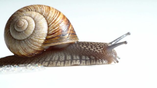 garden snail with spiral shell and slime trail on white background