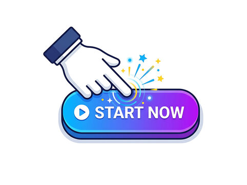 Hand cursor clicking a start now button on a transparent background