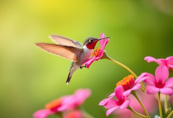 Obraz premium Hummingbird Feeding on Pink Flower in Garden