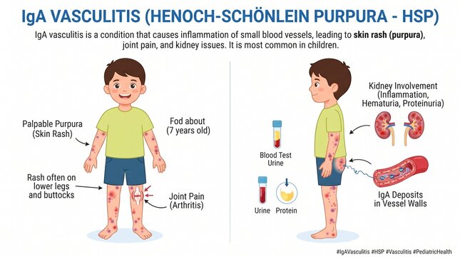 Medical Infographic Illustrating Vasculitis Symptoms In A Child With Kidneys And Blood Test