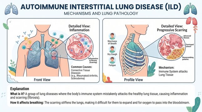Medical Infographic Showing Autoimmune Interstitial Lung Disease Pathophysiology
