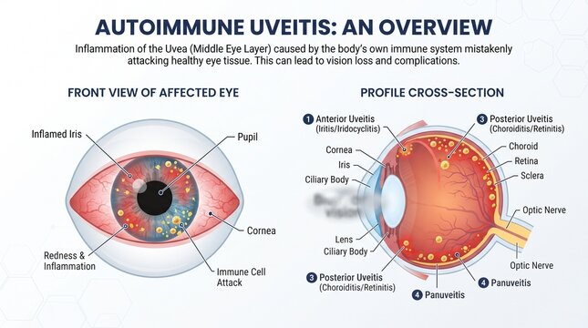 Medical Infographic Showing Human Eye Anatomy And Autoimmune Uveitis Symptoms In Cross Section