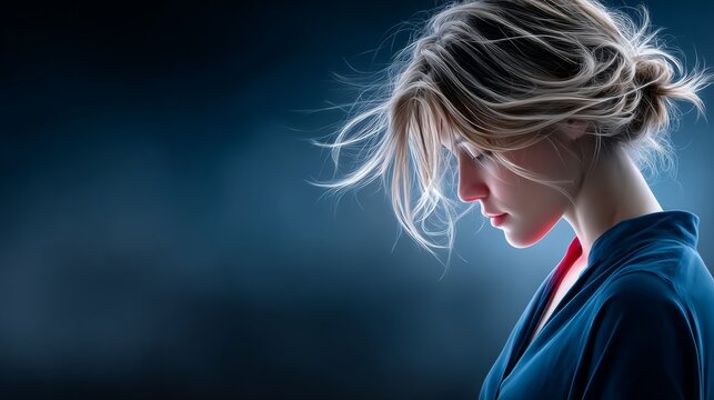 Woman with tousled hair lost in thought in a dark space