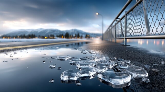 Reflection on a wet road with ice fragments beside a city sidewalk