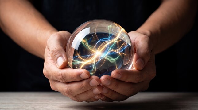 Pair of male hands gently holding a transparent crystal ball containing swirling colorful energy light streams, symbolizing magic power, future vision, spiritual healing, and the