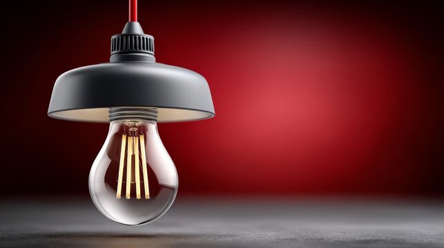 Modern hanging light fixture with exposed bulb against a red background