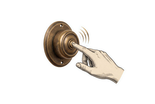 Human hand pushing vintage antique brass wall doorbell ringer button on wall. Visiting arrival home communication door buzzer chime concept. Isolated on transparent background.