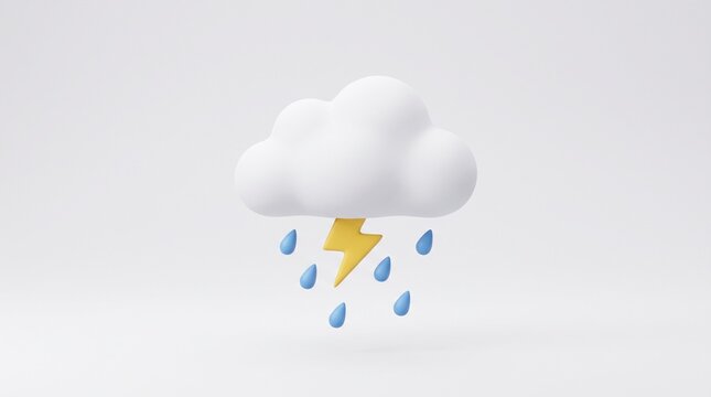 3D cloud with lightning bolt and raindrops water drops flash strike storm, heavy rain icon for thunderstorm weather forecast concept 
