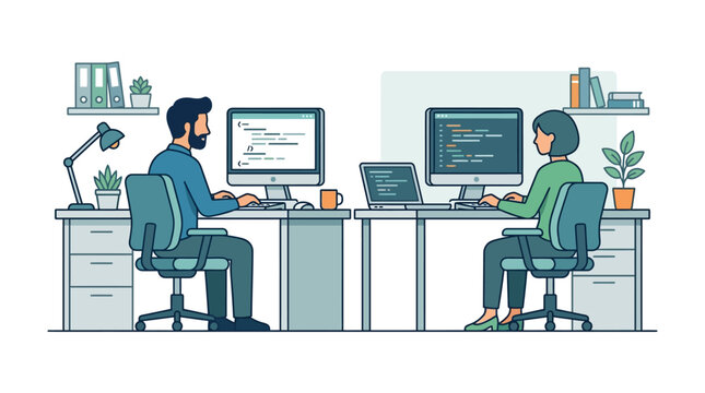 Programmers sitting at office desks working on desktop computers and writing software code.